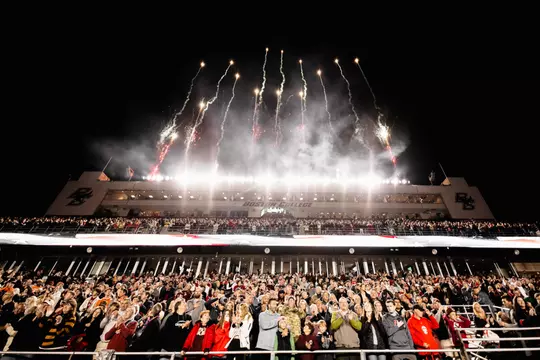 Fireworks go off on top of the Alumni Stadium press box prior to kickoff vs. Clemson