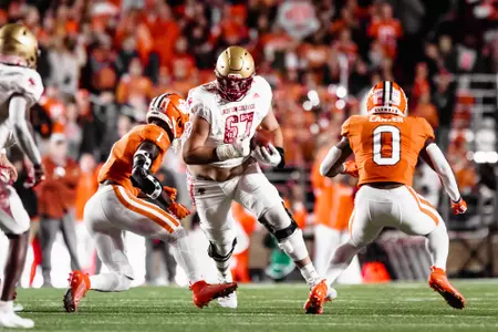 Offensive lineman Jack Conley makes a catch on a deflected pass vs. Clemson