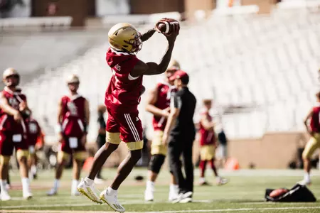 Zay Flowers catches a pass in warm-ups prior to BC's game against Rutgers.