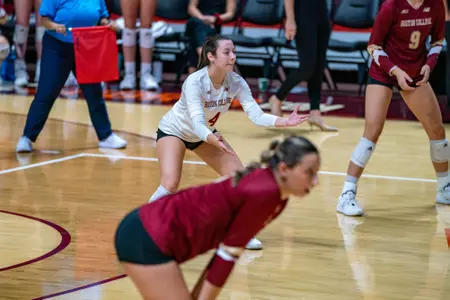 BC's Anna Murphy gets ready for a serve against Virginia Tech