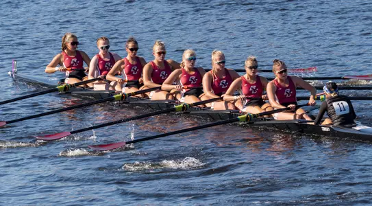 Action shot of the Club 8+ BC boat at the Head of the Charles