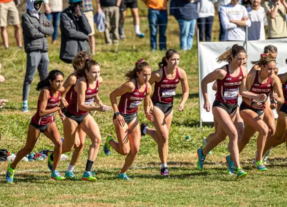 Start of the women's 5K at the Panorama Farms XC 23 Invite featuring Roshni Singh, Katherine Mitchell, Kiley Walsh, Ella Whitman, Maureen Lewin, Sarah Flynn, and Molly Fitzpatrick
