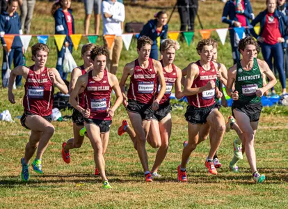 Start of the Men's 8K at the Panorama Farms XC 23 Invite featuring Andrew Healey, Steven Jackson, Jack Carter, John Fitzpatrick, Blake Levy, and Edward Sullivan
