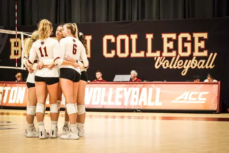 BC huddles between points against Miami