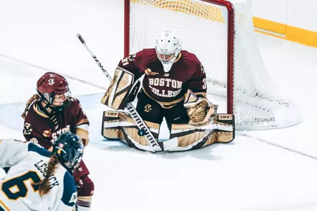 Grace Campbell makes a save with her right pad and stick against Quinnipiac.