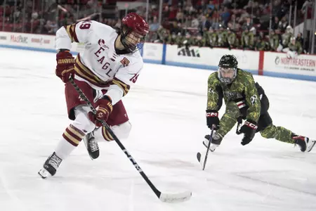 Cutter Gauthier skates against Northeastern