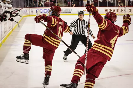 Colby Ambrosio celebrates against Northeastern