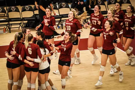 BC Volleyball celebrates after win vs Syracuse