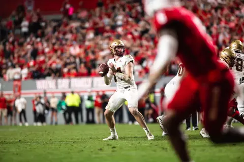 Emmett Morehead throws from the pocket at NC State.