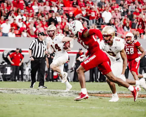 Emmett Morehead runs with the ball at NC State.