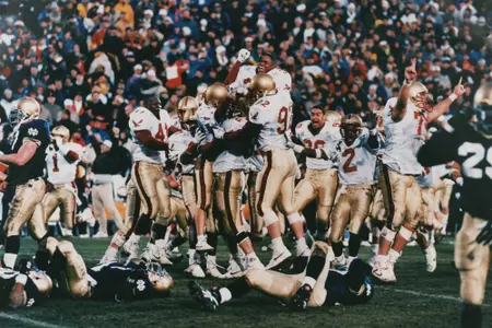BC celebrates its upset on the field at Notre Dame in 1993.