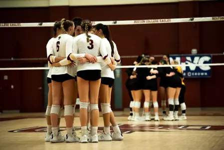 BC Volleyball huddles during match against Southern Miss in the NIVC Semifinals