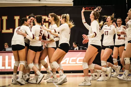 BC Volleyball celebrates after win vs Buffalo