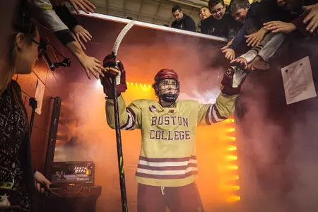 Aidan Hreschuk walks out to the ice