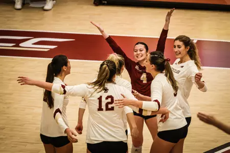BC Volleyball celebrates point during match vs Xavier