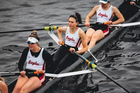The Eagles in an eight-person boat racing on the Charles River.