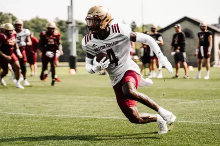 Zay Flowers cuts up field with the ball at preseason practice No. 5.