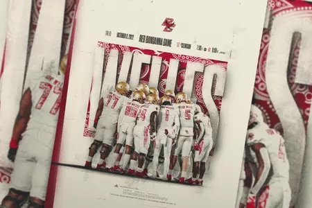 BC vs. Clemson Game Time Announcement Graphic ft. the team in red bandanna jerseys.