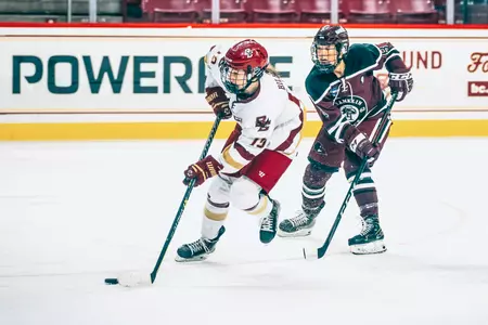 Hannah Bilka skates in to shoot the puck on net against Franklin PIerce.