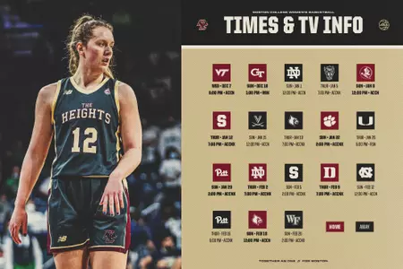 Ally VanTimmeren is featured on the women's basketball graphic showing ACC TV times.