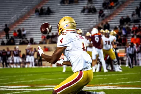 Zay Flowers catches a ball at Virginia Tech in 2020.