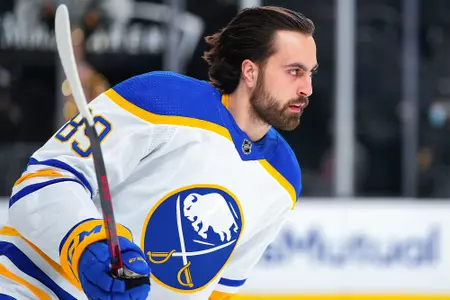 Alex Tuch skates in warmups for Buffalo