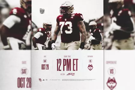 Graphic image ft. Christian Mahogany with text "Oct. 28, 12 PM ET, vs. Connecticut, Live on ACC Network".