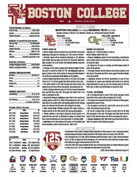 BC vs. Georgia. Tech games notes top sheet