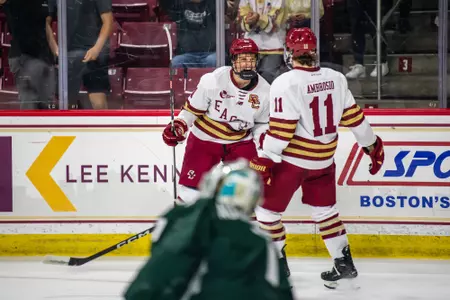 Oskar Jellvik celebrates a goal with Colby Ambrosio