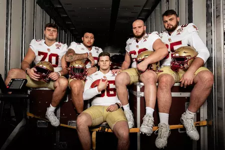BC o-line in the back of the team equipment truck. (Left to right): Ozzy Trapilo, Christian Mahogany, Drew Kendall, Kyle Hergel, Logan Taylor