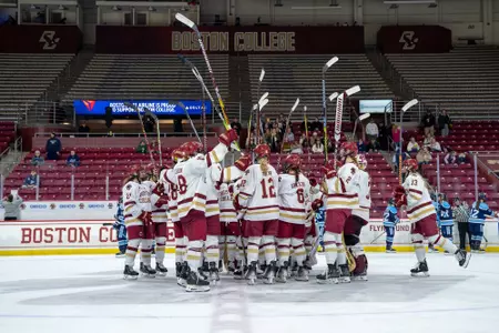 Team Huddle after win against Maine