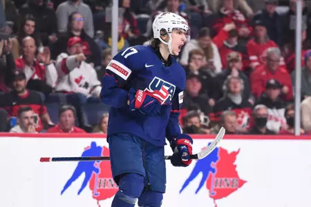 HALIFAX, NOVA SCOTIA - JANUARY 5: USA’s Cutter Gauthier #17 celebrates after scoring a second period goal against Sweden during Bronze Medal Game action at 2023 IIHF World Junior Championship at Scotiabank Centre on January 5, 2023 in Halifax, Nova Scotia. (Photo by Matt Zambonin/IIHF)