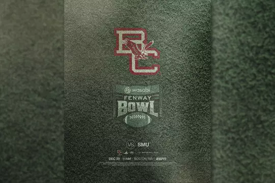 Bowl graphic ft. throwback BC logo and Fenway Bowl logo on green turf.