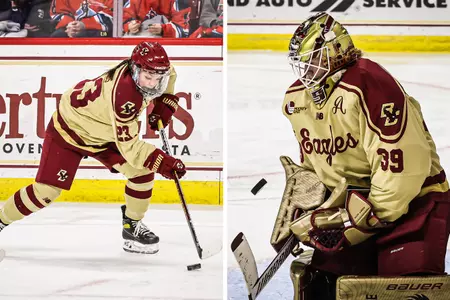 Cayla Barnes (left) and Abbey Levy (right) in action against Harvard.