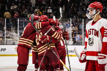 Eagles celebrate a goal against BU in the Beanpot
