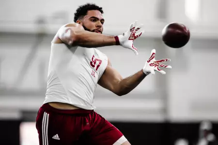 Defensive end Marcus Valdez shows off his pass-catching abillity.