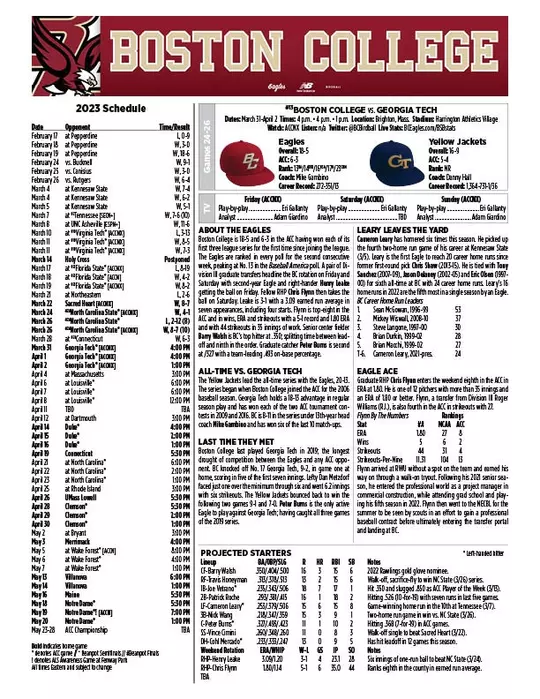 BC vs. Georgia Tech Game Notes Top Sheet