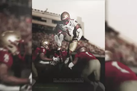Spring Game Graphic Image ft. unidentified BC player in white jersey leaping, while surrounded by identical unidentified BC players in maroon jerseys.