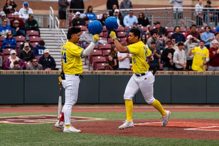 Cameron Leary and Nick Wang tap helmets at home plate after Leary's home run against Duke.