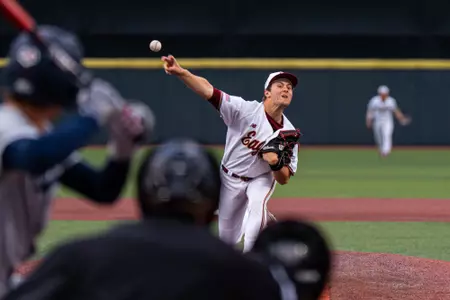Luke Delongchamp pitches against Connecticut.