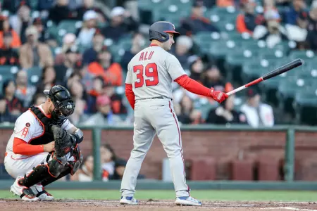 Jake Alu in the batter's box against San Francisco for his MLB debut with the Washington Nationals.