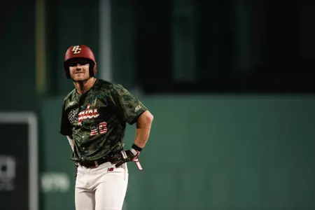 Barry Walsh stands on second base at Fenway Park.