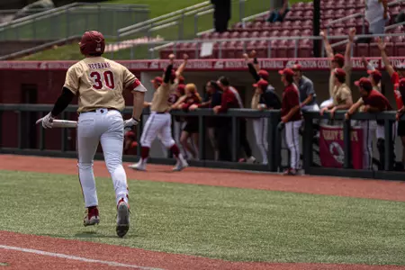 Joe Vetrano watches his three-run home run leave the yard at the Harrington Athletics Village against Notre Dame.
