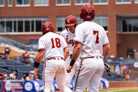 Boston College Baseball, Joe Vetrano celebrates after scoring