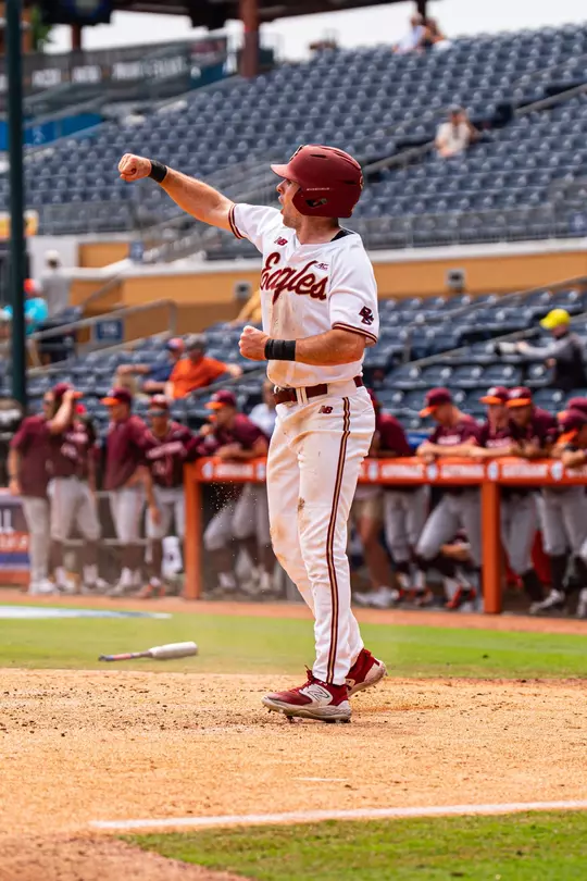 Patrick Roche celebrates scoring a run in the ACC Tournament.