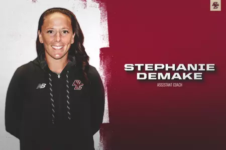 Posed photo of Stephanie Demake on the left, white text over maroon background saying Assistant Coach on the right.