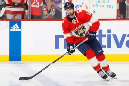 SUNRISE, FLORIDA - APRIL 23: Colin White #6 of the Florida Panthers skates on the ice prior to the start of the game against the Boston Bruins in Game Four of the First Round of the 2023 Stanley Cup Playoffs at the FLA Live Arena on April 23, 2023 in Sunrise, Florida. (Photo by Eliot J. Schechter/NHLI via Getty Images)