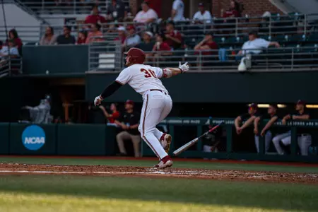 Joe Vetrano releases his bat on a go-ahead home run against Troy.