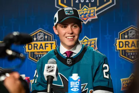 Will Smith chats with the media at the 2023 NHL Draft