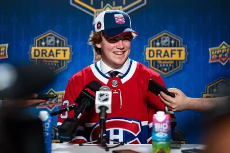 Jacob Fowler chats to the media at the 2023 NHL Draft